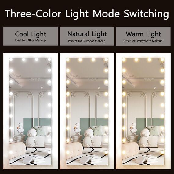 CASSILANDO Voll Länge Spiegel mit Lichtern, 160x50 Boden Körper Hollywood StehendSpiegel, Wand montierte Spiegel mit Licht für Schlafzimmer, Dimmen & 3 Farbmodi (Weiß)