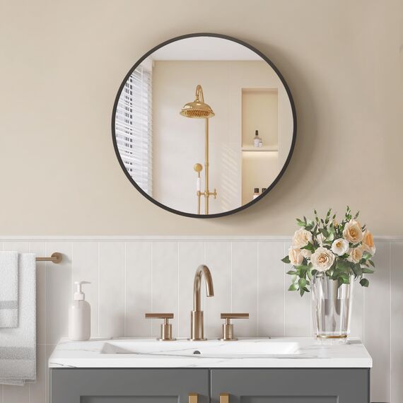 SONGMICS 61 cm d Spiegel rund, runder Spiegel, Wandspiegel, Metallrahmen, einfache Montage, modern, für Bad, Wohnzimmer, Schlafzimmer, Flur, Eingangsbereich, tintenschwarz LWM102BD03