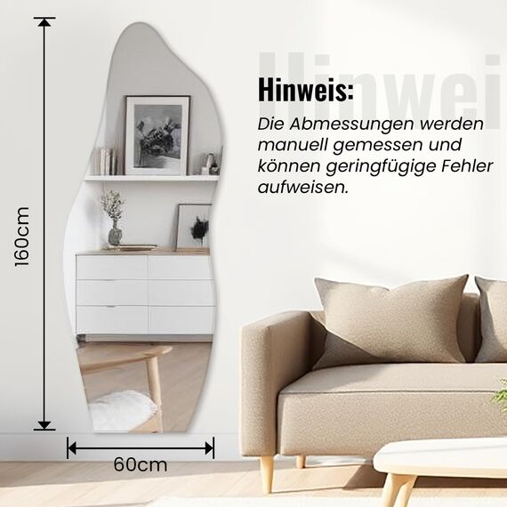 Muzilife Asymmetrischer Ganzkörperspiegel Rahmenloser Wandspiegel 160x60cm, Unregelmäßiger Großer Wandspiegel mit MDF-Rückwand, Dekorativer Spiegel für Wand Wohnzimmer Bad Flur Eingang, Deko