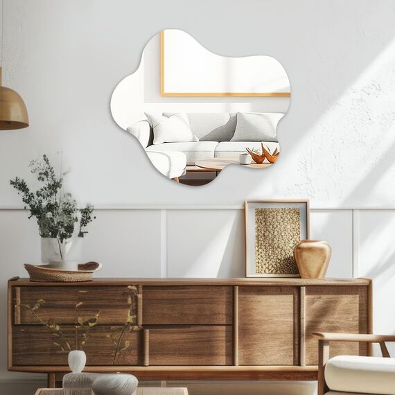 Muzilife Asymmetrischer Rahmenloser Spiegel zum Aufhängen, 58 x 70cm Unregelmäßiger Großer Wandspiegel mit MDF-Rückwand, Dekorativer Ganzkörperspiegel für Wand Wohnzimmer Bad Flur Eingang, Deko