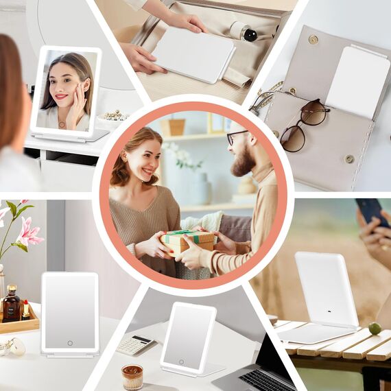 FUNTOUCH Kosmetikspiegel mit Beleuchtung, 2000mAh Wiederaufladbarer Tragbarer Ultraschlanker Reisespiegel mit Licht, 3 Farblichter Schminkspiegel, Faltbarer Makeup Spiegel für Zuhause Reise