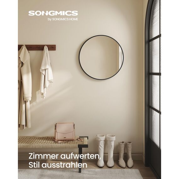 SONGMICS 50 cm d Spiegel rund, runder Spiegel, Wandspiegel, Metallrahmen, einfache Montage, modern, für Bad, Wohnzimmer, Schlafzimmer, Flur, Eingangsbereich, tintenschwarz LWM101BD03