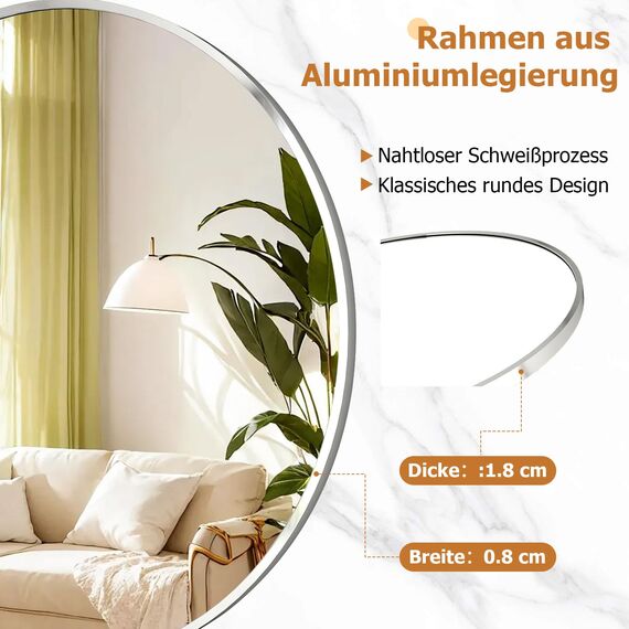 Koonmi 70cm Runder Spiegel Silber Wandspiegel mit Gebürstetem Metallrahmen für Bad, Waschtisch, Wohnzimmer, Schlafzimmer, Eingang Wanddekoration