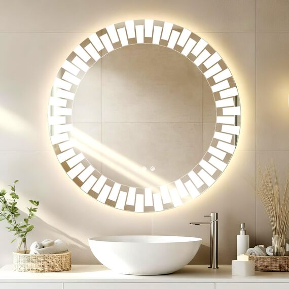 YOLEO Badspiegel rund mit Beleuchtung 80cm, Wandspiegel LED Badezimmerspiegel Antibeschlag großer Schminkspiegel, Berührungstaste Dimmbares 3 Farben LED-Licht 6500K