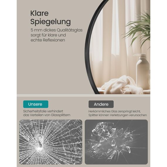 SONGMICS 50 cm d Spiegel rund, runder Spiegel, Wandspiegel, Metallrahmen, einfache Montage, modern, für Bad, Wohnzimmer, Schlafzimmer, Flur, Eingangsbereich, tintenschwarz LWM101BD03