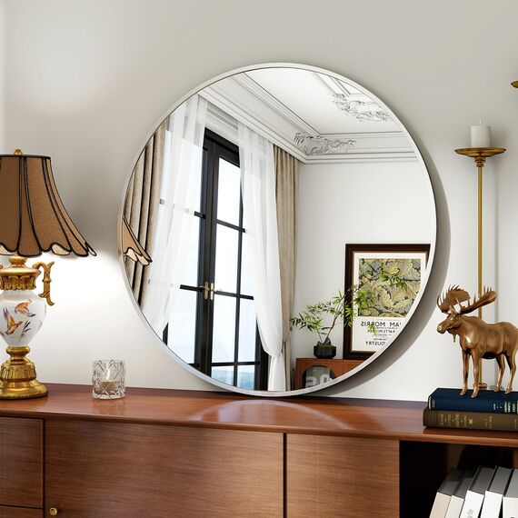 Koonmi 70cm Runder Spiegel Silber Wandspiegel mit Gebürstetem Metallrahmen für Bad, Waschtisch, Wohnzimmer, Schlafzimmer, Eingang Wanddekoration