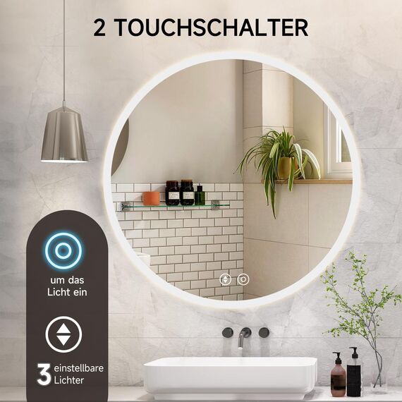 YOLEO Badspiegel rund mit Beleuchtung 70cm, LED Spiegel mit Touchschalter, Badzimmerspiegel LED Beschlagfrei, 3 stufenlos einstellbare Lichtfarbe