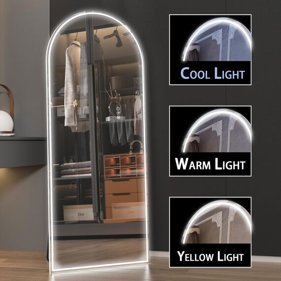 CASSILANDO 165x60 gewölbter Ganzkörperspiegel, LED Spiegel Ganzkörperspiegel mit Licht, Beleuchteter Bodenspiegel, Ankleidespiegel, Eitelkeitsspiegel für Schlafzimmer, Dimmen & 3 Farbmodi (weiß)