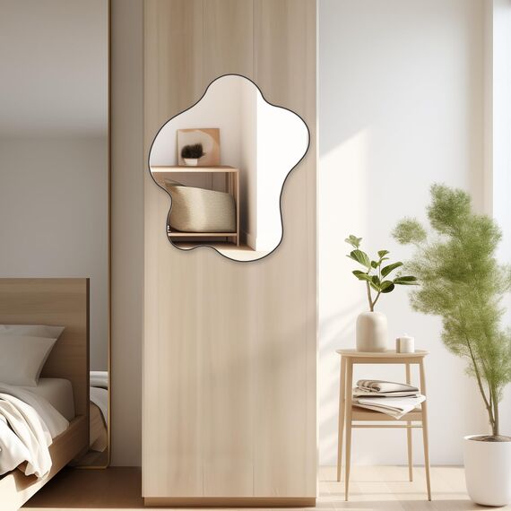 Muzilife Asymmetrischer Rahmenloser Spiegel zum Aufhängen, 58 x 70cm Unregelmäßiger Großer Wandspiegel mit MDF-Rückwand, Dekorativer Ganzkörperspiegel für Wand Wohnzimmer Bad Flur Eingang, Deko