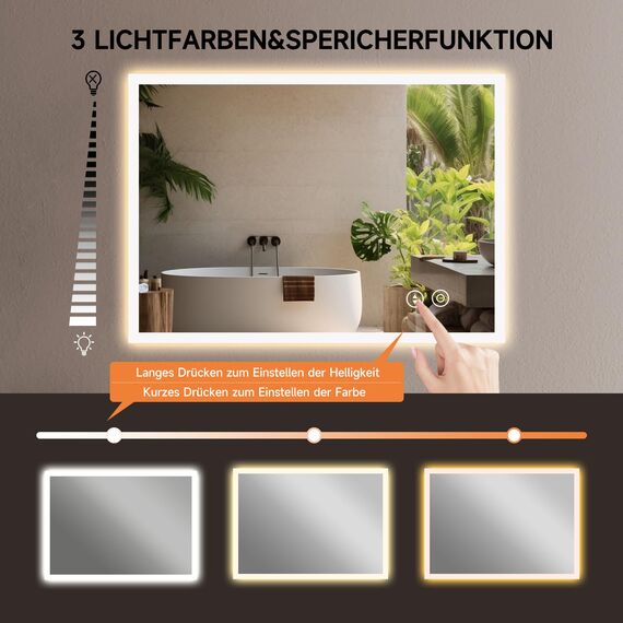 YOLEO Badspiegel mit Beleuchtung, LED Spiegel Wandspiegel mit Steckdose, Badezimmerspiegel LED mit Touchschalter, Lichtspiegel Dimmbar Warmweiß/Kaltweiß/Neutral, 50x70cm,Vertikal/Horizontal