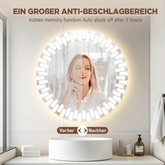 YOLEO Badspiegel rund mit Beleuchtung 80cm, Wandspiegel LED Badezimmerspiegel Antibeschlag großer Schminkspiegel, Berührungstaste Dimmbares 3 Farben LED-Licht 6500K