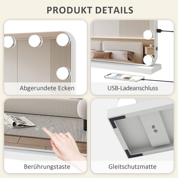 YU YUSING Hollywood Schminkspiegel mit Beleuchtung 58x45cm,15 Dimmbare Groß LED Licht, Kosmetikspiegel 3 Modi, Touch Control, Tischspiegel Wandspiegel, Schlafzimmer Schminktisch, Abgerundeten Ecken