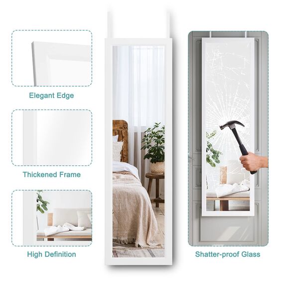 Dripex Wandspiegel 33x119cm Spiegel unbrechbarer Garderobenspiegel Flurspiegel höhenverstellbarer Hängespiegel mit Haken (Weiß)