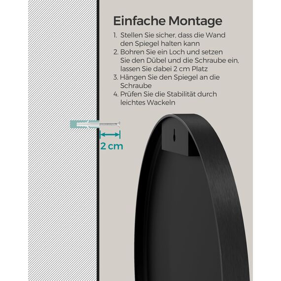 SONGMICS 61 cm d Spiegel rund, runder Spiegel, Wandspiegel, Metallrahmen, einfache Montage, modern, für Bad, Wohnzimmer, Schlafzimmer, Flur, Eingangsbereich, tintenschwarz LWM102BD03