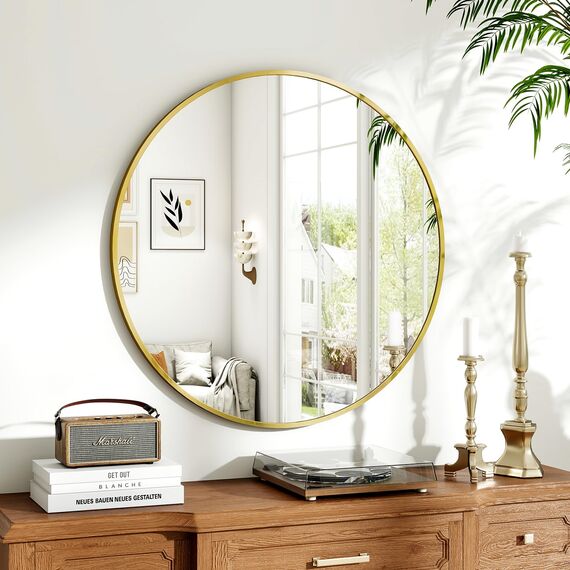 Koonmi 70cm Runder Spiegel Gold Spiegel Rund Wandspiegel mit Rahmen aus Aluminiumlegierung für Badezimmer, Waschtisch, Wohnzimmer, Schlafzimmer, Eingang Wanddekoration