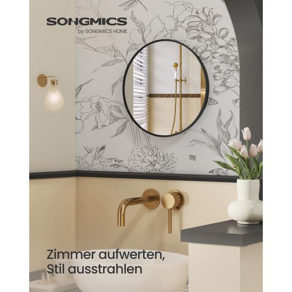 SONGMICS 40,7 cm d Spiegel rund, runder Spiegel, Wandspiegel, Metallrahmen, einfache Montage, modern, für Bad, Wohnzimmer, Schlafzimmer, Flur, Eingangsbereich, tintenschwarz LWM104BD03