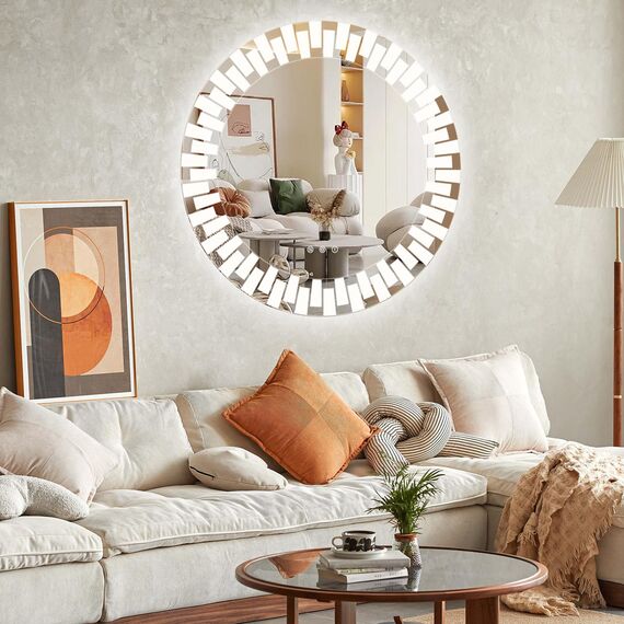 YOLEO Badspiegel rund mit Beleuchtung 80cm, Wandspiegel LED Badezimmerspiegel Antibeschlag großer Schminkspiegel, Berührungstaste Dimmbares 3 Farben LED-Licht 6500K