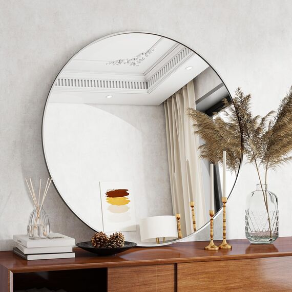 Koonmi 60cm Runder Spiegel Silber Wandspiegel mit Gebürstetem Metallrahmen für Bad, Waschtisch, Wohnzimmer, Schlafzimmer, Eingang Wanddekoration