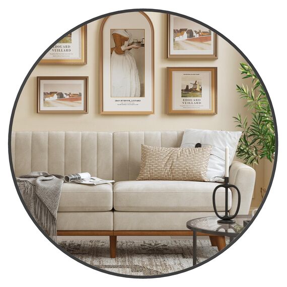 SONGMICS 76 cm d Spiegel rund, runder Spiegel, Wandspiegel, Metallrahmen, einfache Montage, modern, für Bad, Wohnzimmer, Schlafzimmer, Flur, Eingangsbereich, tintenschwarz LWM103BD03