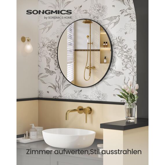 SONGMICS 76 cm d Spiegel rund, runder Spiegel, Wandspiegel, Metallrahmen, einfache Montage, modern, für Bad, Wohnzimmer, Schlafzimmer, Flur, Eingangsbereich, tintenschwarz LWM103BD03
