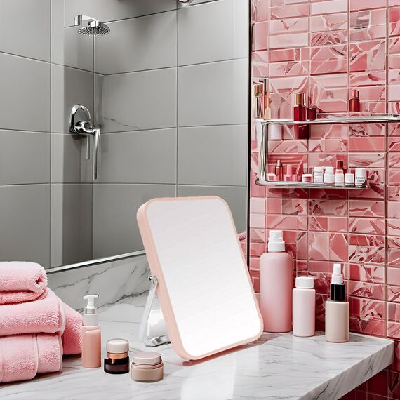 YEAKE Tisch-/Schreibtisch-Make-up-Spiegel, 20,3 cm, tragbarer Klappspiegel mit Metallständer, um 90 ° verstellbar, Tavel-Make-up-Spiegel, hängend, Badezimmer für Dusche, Rasur (Rosa)