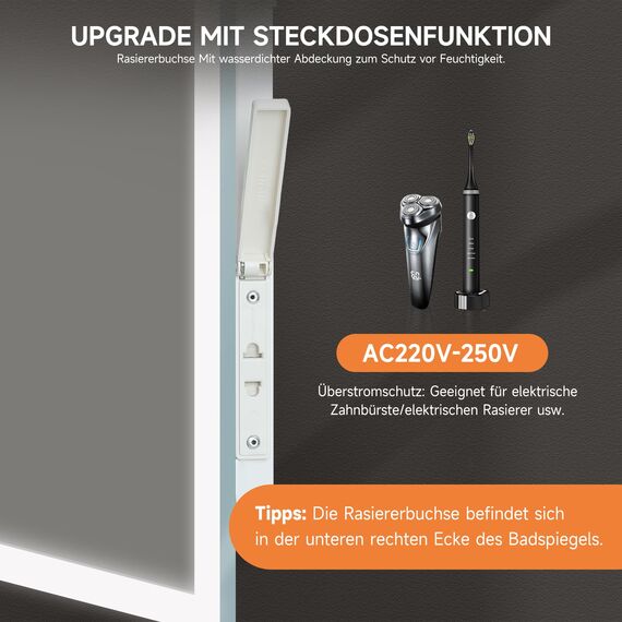 YOLEO Badspiegel mit Beleuchtung, LED Spiegel Wandspiegel mit Steckdose, Badezimmerspiegel LED mit Touchschalter, Lichtspiegel Dimmbar Warmweiß/Kaltweiß/Neutral, 50x70cm,Vertikal/Horizontal