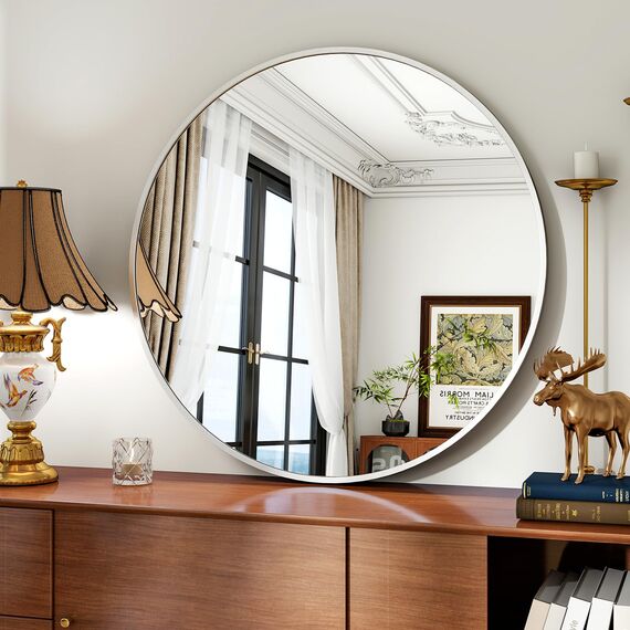 Koonmi 80cm Spiegel Rund Silber Runder Spiegel Wandspiegel mit Rahmen aus Aluminiumlegierung für Badezimmer, Waschtisch, Wohnzimmer, Schlafzimmer, Eingang Wanddekoration