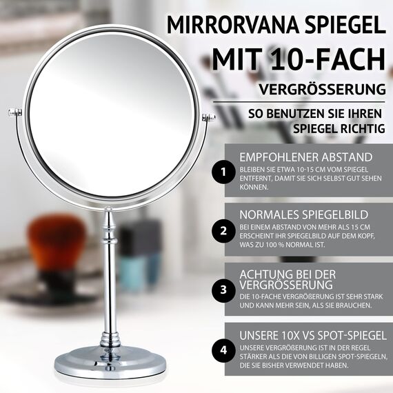 Mirrorvana Kosmetikspiegel mit 10fach Vergrößerung, Doppelseitiger Tischspiegel 360° Schwenkbar, Schminkspiegel 10fach und 1fach für Badezimmer, Standspiegel 20 cm