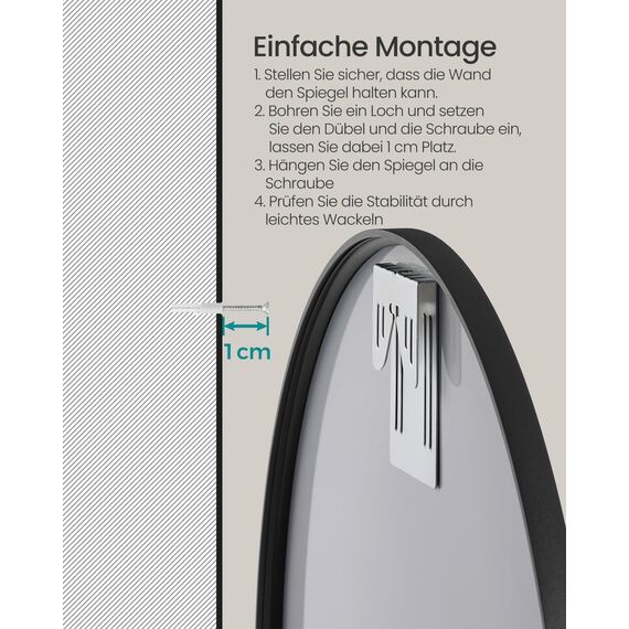 SONGMICS 50 cm d Spiegel rund, runder Spiegel, Wandspiegel, Metallrahmen, einfache Montage, modern, für Bad, Wohnzimmer, Schlafzimmer, Flur, Eingangsbereich, tintenschwarz LWM101BD03