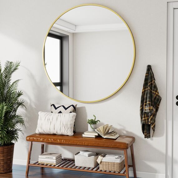 Koonmi 106 cm großer Spiegel Rund Gold, Runder Spiegel Wandspiegel mit Rahmen aus Aluminiumlegierung für Badezimmer, Waschtisch, Wohnzimmer, Schlafzimmer, Eingangsbereich Wanddekoration