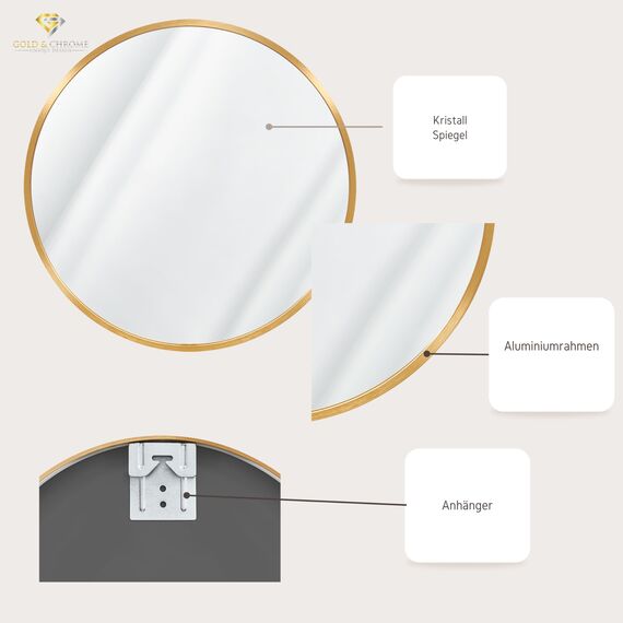 GOLD&CHROME UNIQUE DESIGN Dekorative Wandspiegel Rund ⌀60 cm Aluminiumrahmen - Spiegel Rund Gold mit Teflon beschichtet Spiegeloberfläche - Spiegel Wand Pulverbeschichteter Spiegelrahmen 0,9 cm