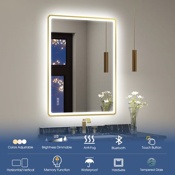 STARLEAD 80x60cm Golden LED-Badspiegel-mit-Beleuchtung und Bluetooth, Entfoggen, Dimmbar, 3 Lichtfarben, HD Gehärtetes Glas, IP44 Wasserdicht, Horizontal/Vertikal