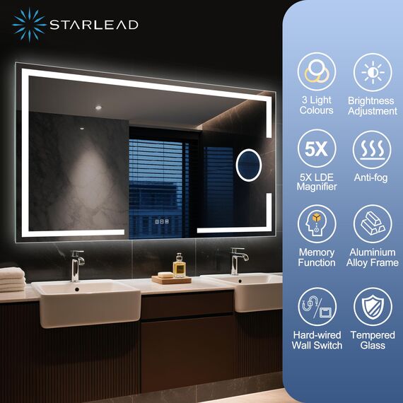 STARLEAD Badspiegel-mit-Beleuchtung 120x70cm, Badezimmerspiegel mit 5X Vergrößerungsspiegel-mit-Licht, 3 Lichtfarben, Einstellbare Helligkeit, Entfoggen, IP44 LED-Spiegel-Bad, HD Hartglas