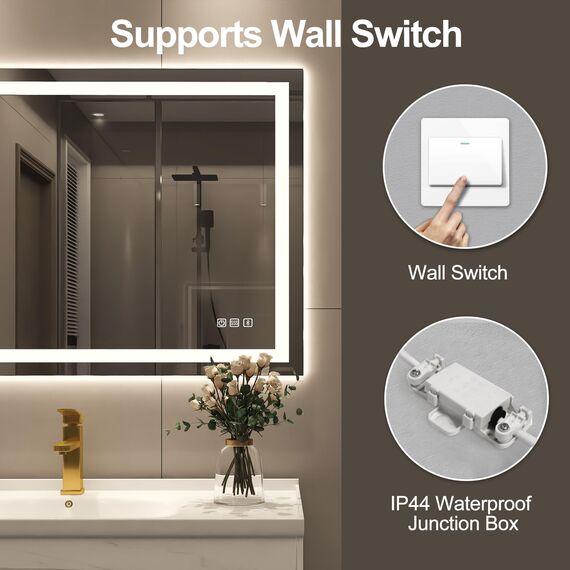 STARLEAD Bad-Spiegel-mit-Beleuchtung 60x80cm, Badezimmerspiegel-mit-licht und Entfoggen, Bluetooth, Dimmbar, 3 Farbtemperaturen, Speicherfunktion, IP44 Hartglas Spiegel-Bad, Horizontal/Vertikal