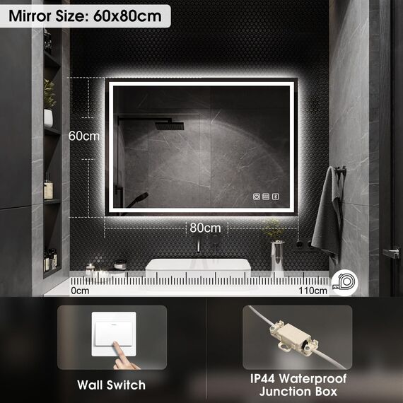 STARLEAD Bad-Spiegel-mit-Beleuchtung 60x80cm, Badezimmerspiegel-mit-licht und Entfoggen, Bluetooth, Dimmbar, 3 Farbtemperaturen, Speicherfunktion, IP44 Hartglas Spiegel-Bad, Horizontal/Vertikal