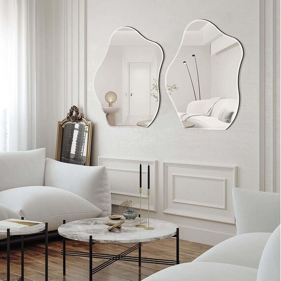 Muzilife Asymmetrischer Spiegel zum Aufhängen, Großer Rahmenloser Wandspiegel mit 58x70cm MDF-Rückwand, Unregelmäßiger Tischspiegel für Wohnzimmer Schlafzimmer Bad Flur Eingang