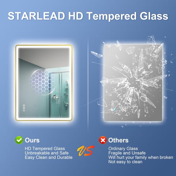 STARLEAD 80x60cm Golden LED-Badspiegel-mit-Beleuchtung und Bluetooth, Entfoggen, Dimmbar, 3 Lichtfarben, HD Gehärtetes Glas, IP44 Wasserdicht, Horizontal/Vertikal