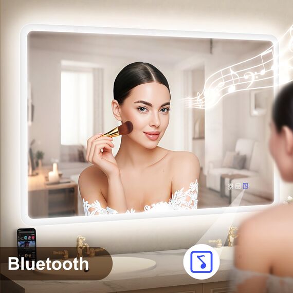 STARLEAD Badezimmerspiegel-mit-Beleuchtung 80x60cm, Dimmbar, 3 Lichtfarben, LED-Spiegel-Bad-mit-Bluetooth, Entfoggen, Speicherfunktion, IP44 Hartglas Bad-Spiegel-mit-Licht, Horizontal/Vertikal