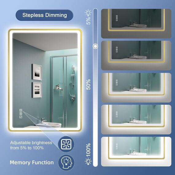 STARLEAD 100x70cm Golden LED-Badspiegel-mit-Beleuchtung und Bluetooth, Entfoggen, Dimmbar, 3 Lichtfarben, HD Gehärtetes Glas, IP44 Wasserdicht, Horizontal/Vertikal