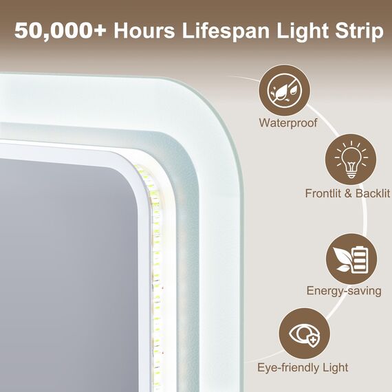 STARLEAD Badezimmerspiegel-mit-Beleuchtung 80x60cm, Dimmbar, 3 Lichtfarben, LED-Spiegel-Bad-mit-Bluetooth, Entfoggen, Speicherfunktion, IP44 Hartglas Bad-Spiegel-mit-Licht, Horizontal/Vertikal