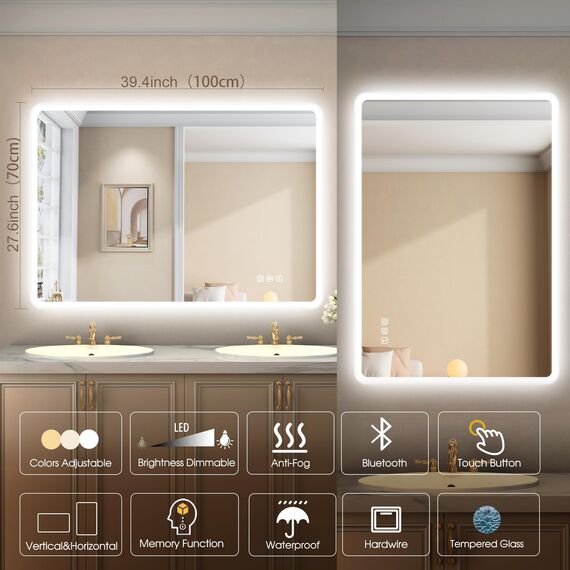 STARLEAD Badezimmerspiegel-mit-Beleuchtung 80x60cm, Dimmbar, 3 Lichtfarben, LED-Spiegel-Bad-mit-Bluetooth, Entfoggen, Speicherfunktion, IP44 Hartglas Bad-Spiegel-mit-Licht, Horizontal/Vertikal