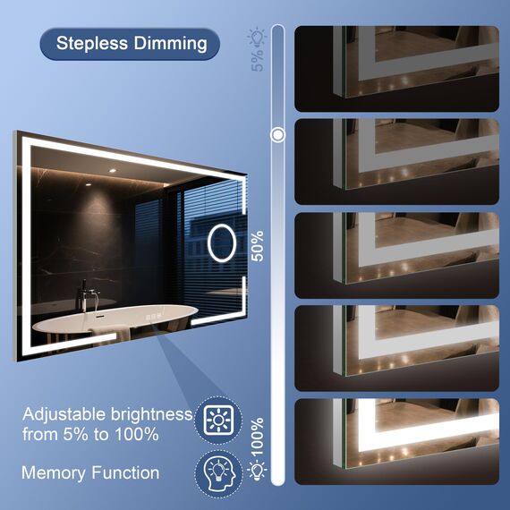 STARLEAD Badspiegel-mit-Beleuchtung 100x70cm, Badezimmerspiegel mit 5X Vergrößerungsspiegel-mit-Licht, 3 Lichtfarben, Einstellbare Helligkeit, Entfoggen, IP44 LED-Spiegel-Bad, HD Hartglas