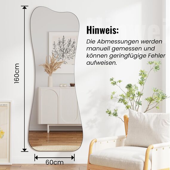 Muzilife Asymetrischer Ganzkörperspiegel 160x60cm, Rahmenloser Spiegel Unregelmäßiger Großer Wandspiegel mit MDF-Rückwand, Deko für Wohnzimmer Flur Eingang Wand (Vasenform)