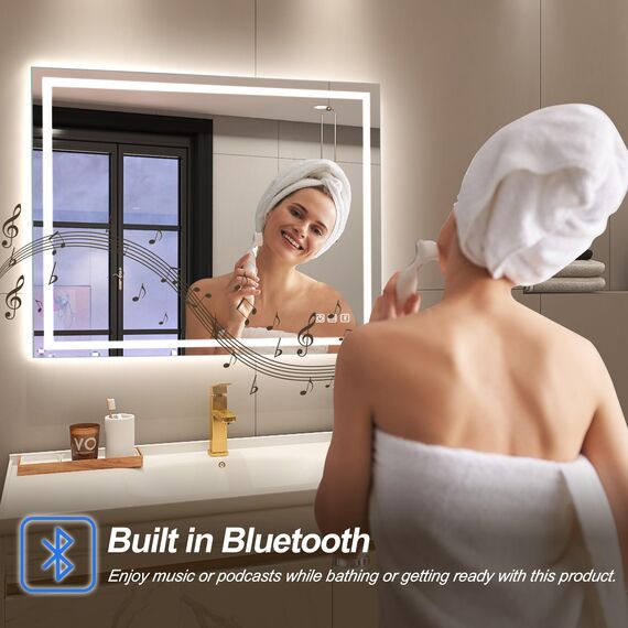 STARLEAD Bad-Spiegel-mit-Beleuchtung 60x80cm, Badezimmerspiegel-mit-licht und Entfoggen, Bluetooth, Dimmbar, 3 Farbtemperaturen, Speicherfunktion, IP44 Hartglas Spiegel-Bad, Horizontal/Vertikal