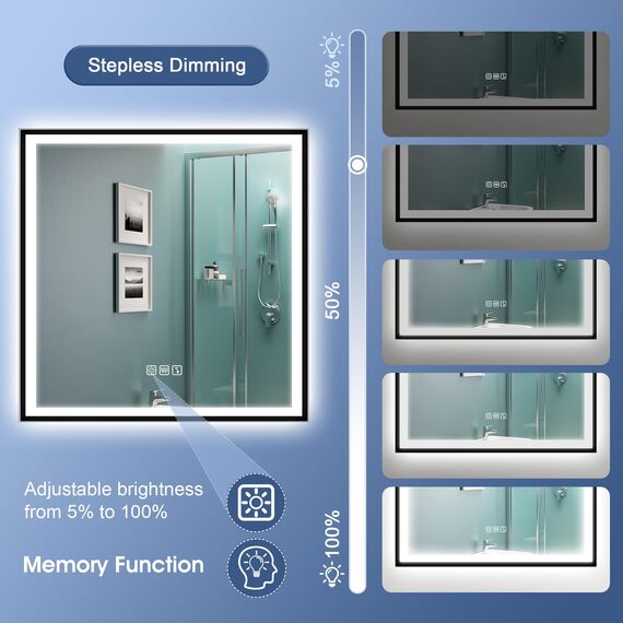 STARLEAD Badspiegel-mit-Beleuchtung 80x80 cm, LED-Spiegel-Bad-mit Bluetooth, Entfoggen, IP44 Badezimmer-Spiegel-mit-Licht 3 Farblichter, Dimmbar, Speicherfunktion, HD Hartglas, Schwarz