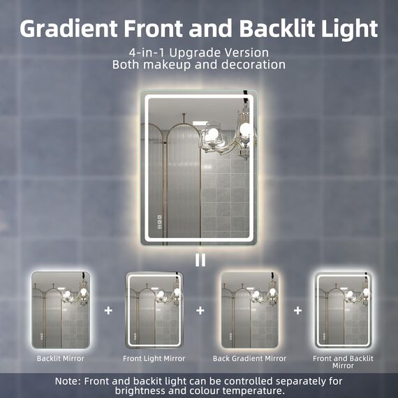 STARLEAD Badspiegel-mit-Beleuchtung 80x60cm Zwei Lichtleisten, Hintergrundbeleuchtung + Frontbeleuchtung, Entfoggen, Dimmbar, 3 Lichtfarben, IP44 Spiegel-Bad, Horizontal/Vertikal, Aluminiumrahmen
