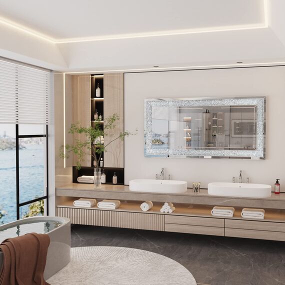Artloge Wandspiegel Kristall Spiegel Silber: Luxus Groß Wohnzimmerspiegel mit Rechteckiger Rahmen, Modern HD Dekospiegel 120×60cm für Wohnzimmer Schlafzimmer