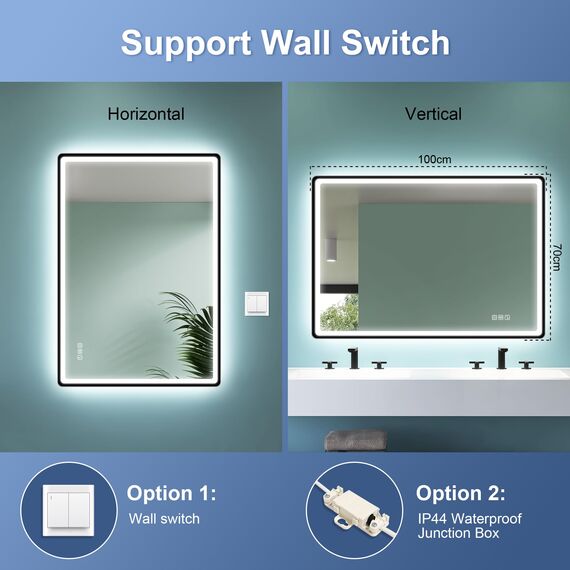 STARLEAD 70x100cm Schwarz LED-Badspiegel-mit-Beleuchtung und Bluetooth, Entfoggen, Dimmbar, 3 Lichtfarben, HD Gehärtetes Glas, IP44 Wasserdicht, Horizontal/Vertikal