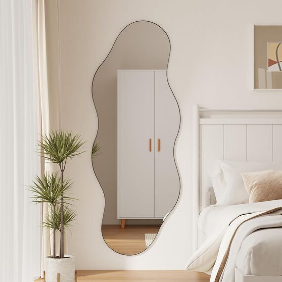 Muzilife Asymetrischer Spiegel Ganzkörperspiegel 160x60cm, Unregelmäßiger Großer Wandspiegel mit MDF-Rückwand, Dekorativer Spiegel für Wand Wohnzimmer Bad Flur Eingang, Deko (Wolkenform)