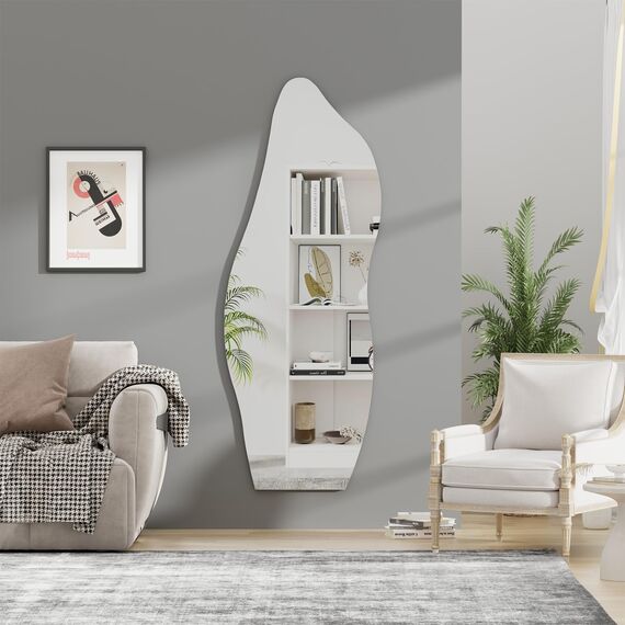 Muzilife 160x60cm Asymmetrischer Standspiegel Ganzkörperspiegel, Rahmenloser Spiegel Unregelmäßiger Großer Wandspiegel mit MDF-Rückwand, Deko für Wohnzimmer Flur Eingang Wand